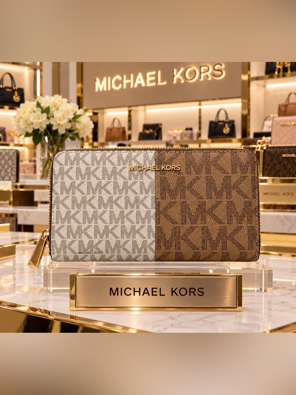 Michael Kors Two-Tone MK Signature Zip Wallet in Cream and Brown